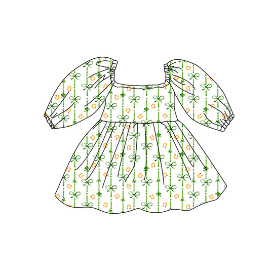 X12.16 Preorder (moq 5)Baby Girls Clovers Bows St Patrick Knee Length Dresses
