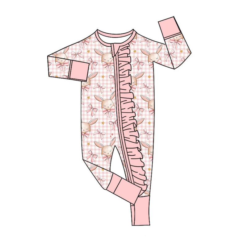 X11.15Preorder (moq 5)Baby Girls Pink Bows Rabbits Checked Easter Two Way Ruffle Zip Convertible Rompers