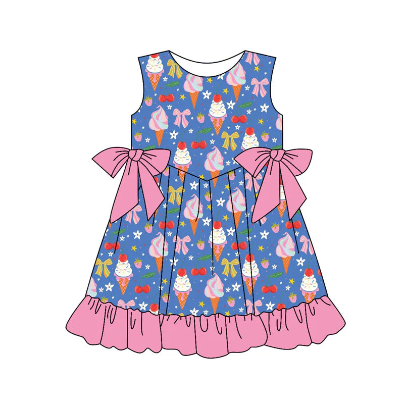 X11.14Preorder(moq 5) Baby Girls Ice Cream Flowers Bows Ruffle Knee Length Dresses