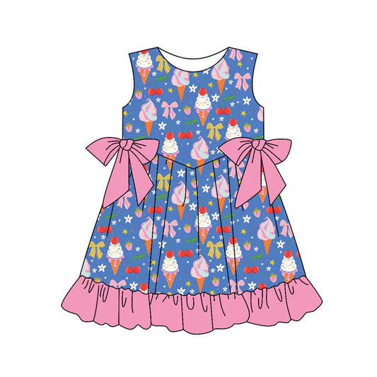X11.14Preorder(moq 5) Baby Girls Ice Cream Flowers Bows Ruffle Knee Length Dresses