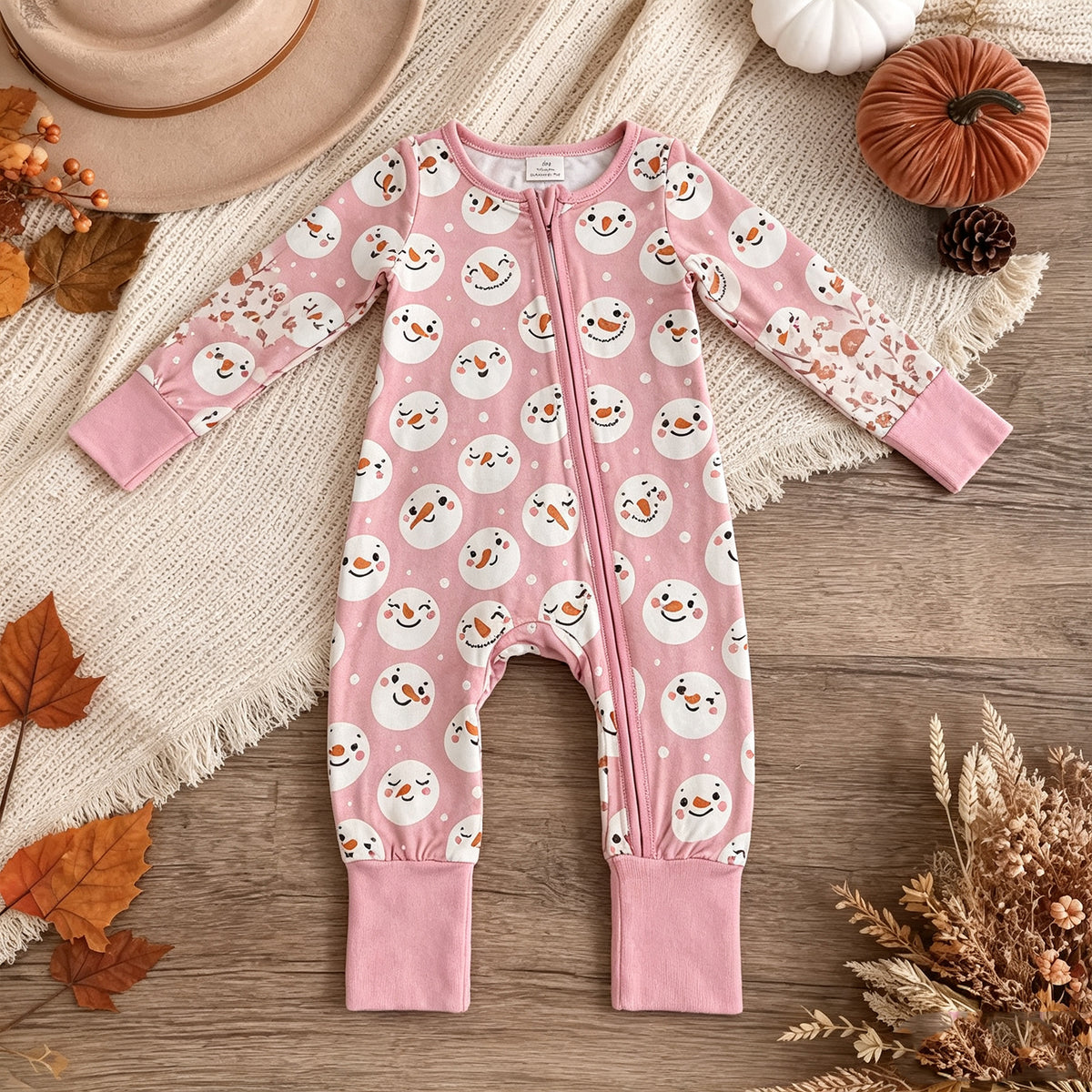 NEW RTS NO MOQ milk silk LR3165 Baby Girls Pink Snowmen Christmas Two Way Zip Convertible Rompers