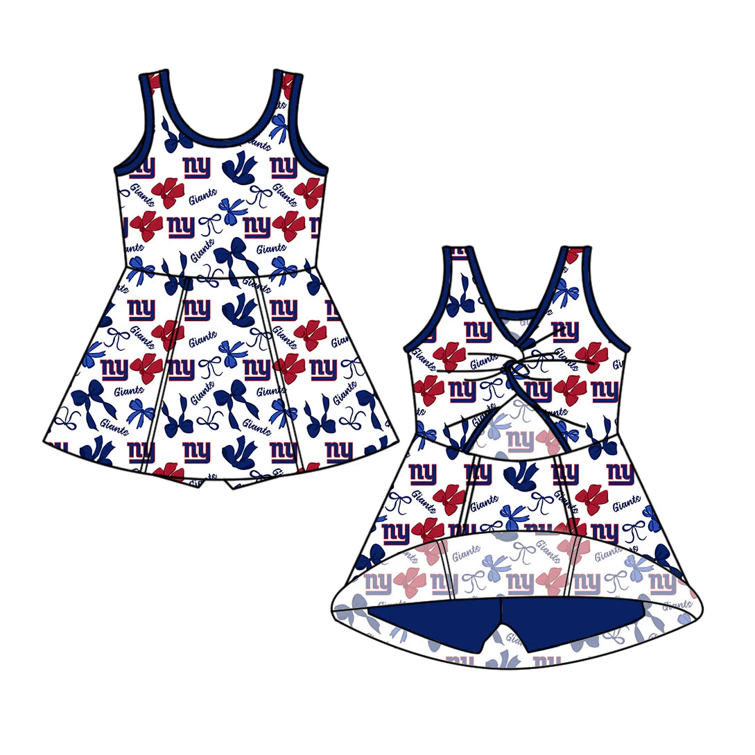6.30Preorder (moq 5)Baby Girls Sleeveless Bows Plaid NY Giants Shorts Team Knee Length Dresses