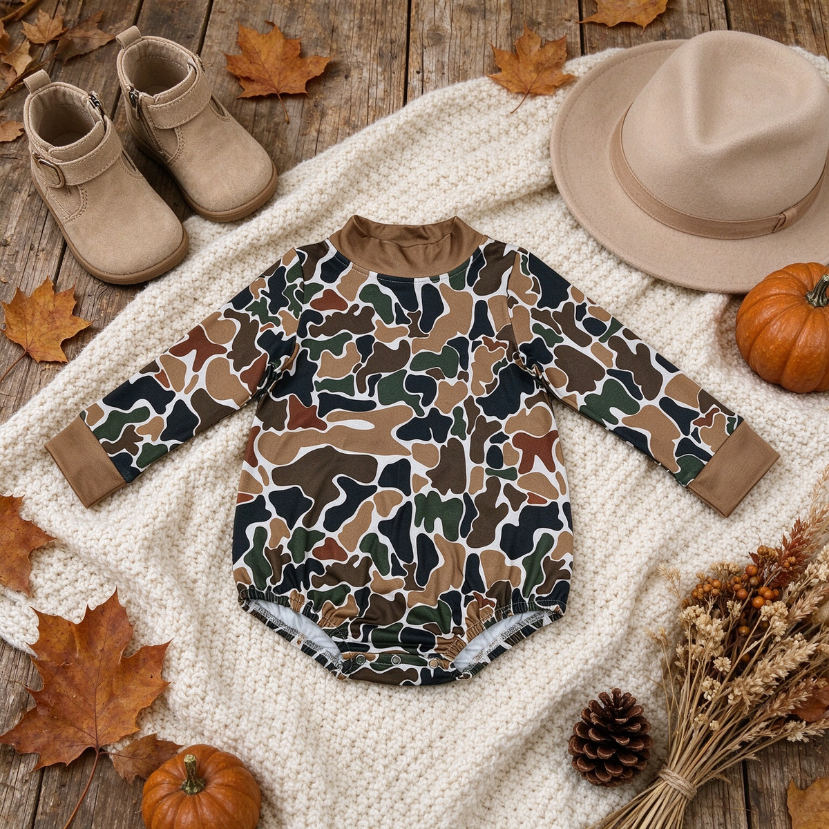 NEW RTS NO MOQ milk silk LR3261 Baby Boys Long Sleeve Dark Brown Camo Choker Rompers