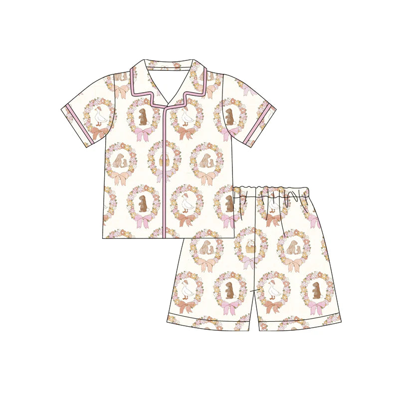 X12.18 Preorder (moq 5)Baby Girls Rabbits Flower Holly Button Top Shorts Easter Pajamas Sets