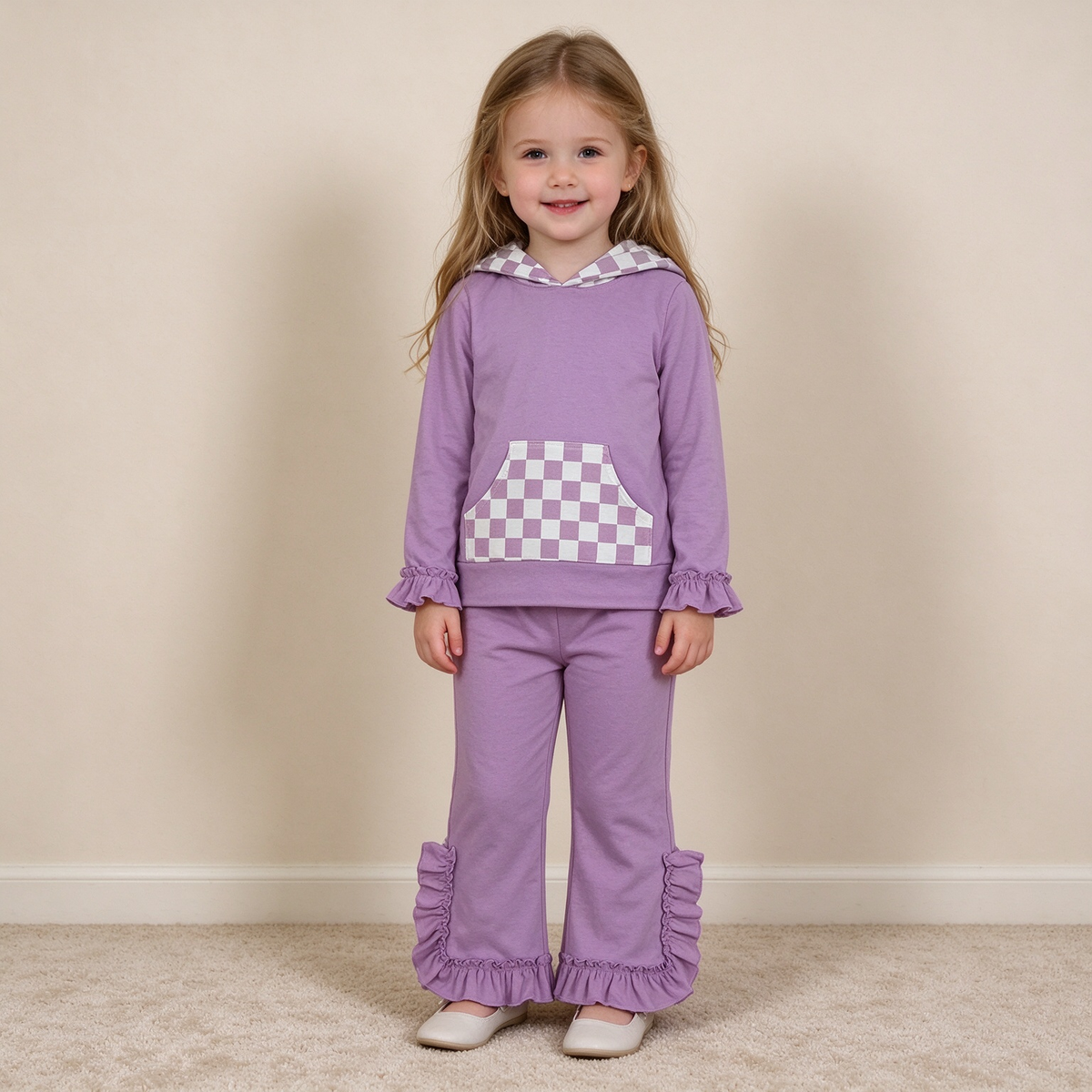 NEW RTS NO MOQ milk silk GLP3710（GT1852+P1162）Baby Girls Lavender Checked Pocket Hoodie Ruffle Pant Casual Outfit