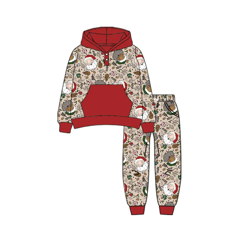 7.11Preorder (moq 5)Baby Boys Long Sleeves Holly Santa Button Pockets Hoodies Top Legging Pants Fall Set