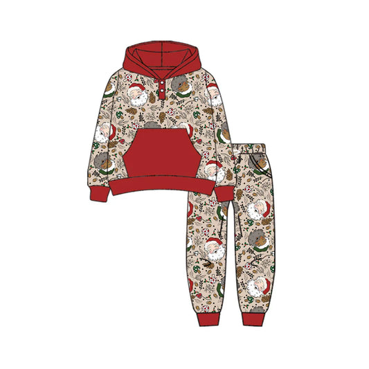 7.11Preorder (moq 5)Baby Boys Long Sleeves Holly Santa Button Pockets Hoodies Top Legging Pants Fall Set