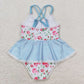 S0248 Floral striped lace blue and white suspender one-piece swimsuit