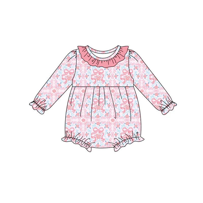 8.6Preorder(moq 5)Baby Infant Girls Pink Bows Floral Ruffle Rompers