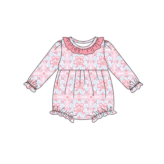 8.6Preorder(moq 5)Baby Infant Girls Pink Bows Floral Ruffle Rompers
