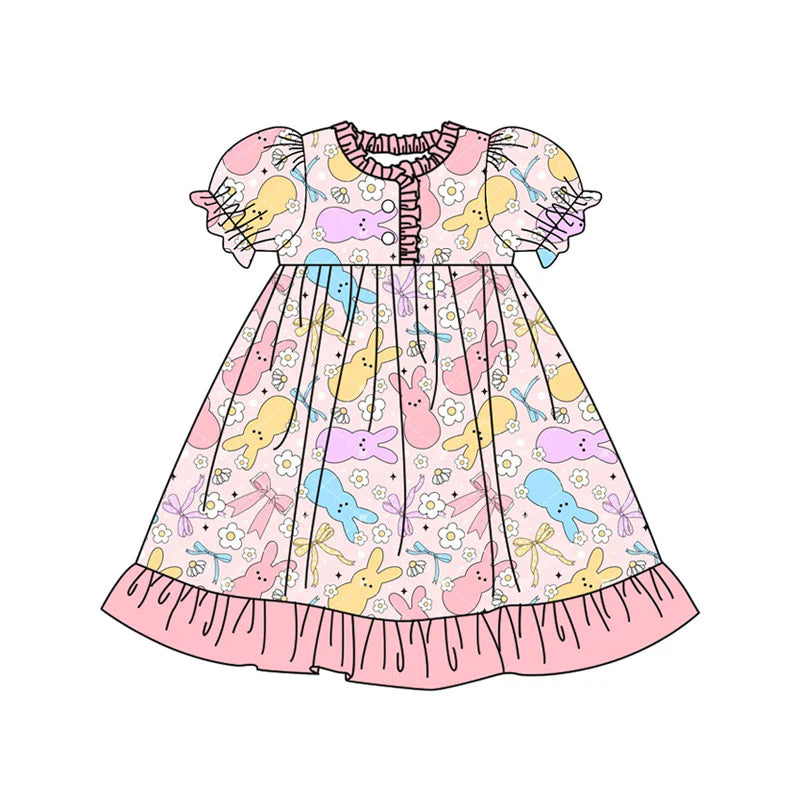 X922 Preorder (moq 5)Baby Girls Colorful Flowers Rabbits Button Ruffle Easter Knee Length Dress