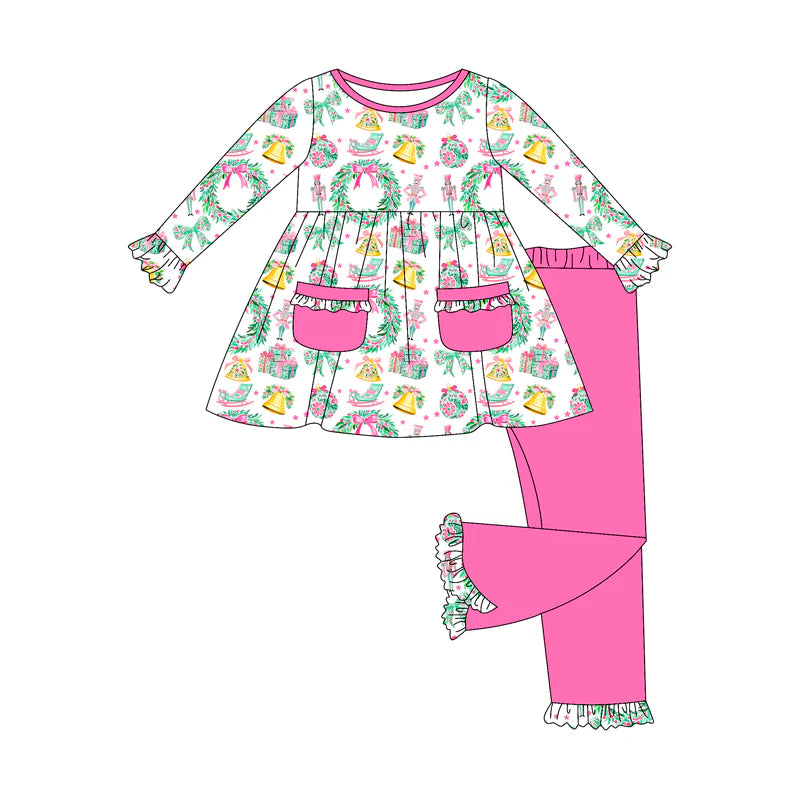 7.9Preorder (moq 5)Baby Girls Long Sleeves Holly Soldiers Pockets Tunic Flare Pant Clothes Set