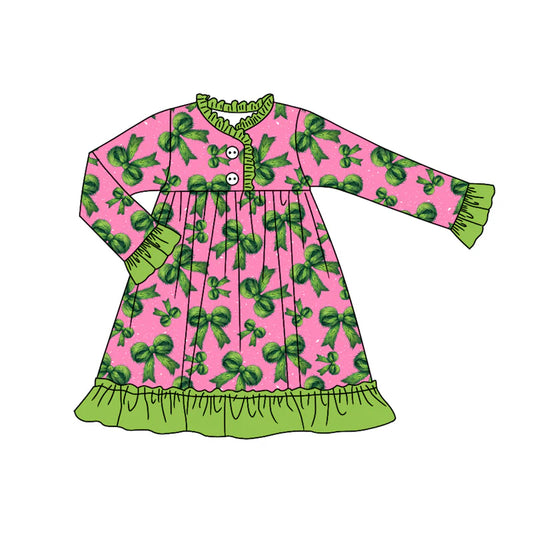 7.31Preorder(moq 5) Baby Girls Long Ruffle Sleeves Green Bows Plaid Button Knee Length Dresses