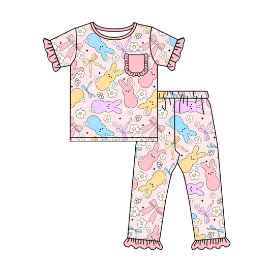 X922Preorder (moq 5)Baby Girls Colorful Flowers Rabbits Top Ruffle Pants Easter Pajamas Sets