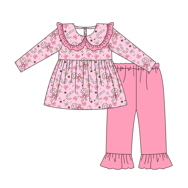 7.9Preorder (moq 5)Baby Girls Long Sleeves Pink Bows Candy Cane Tunic Ruffle Pant Clothes Set