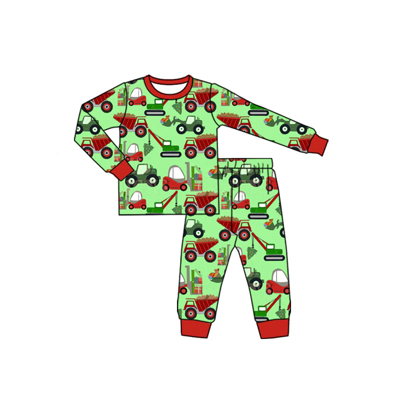 7.16Preorder (moq 5)Baby Boys Long Sleeves Excavators Plaid Top Pant Pajamas Set