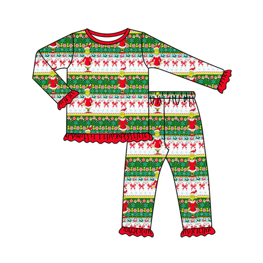 X917Preorder (moq 5)Baby Girls Long Ruffle Sleeves Cartoon Face Stripes Top Pants Pajamas Set