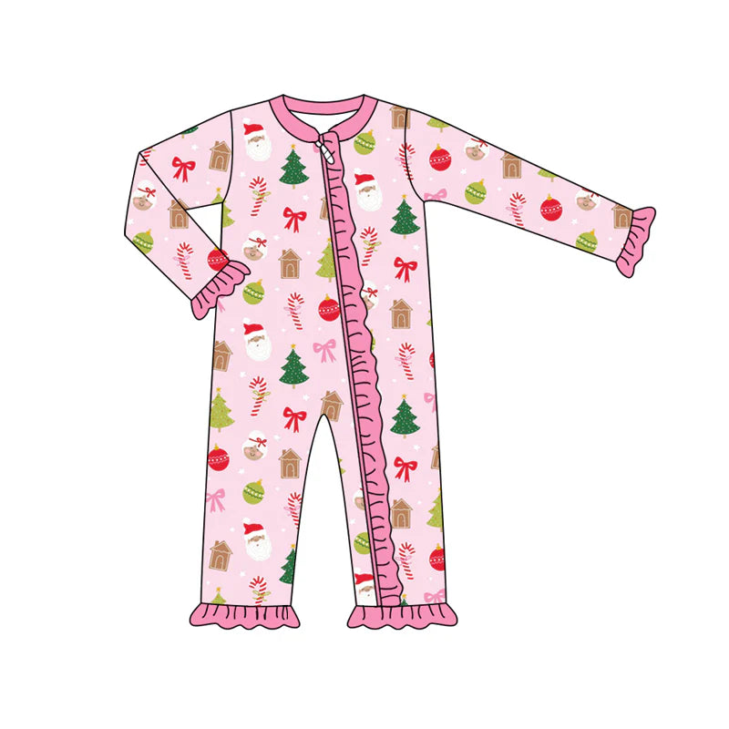 7.14Preorder (moq 5)Baby Girls Long Sleeves Santa Houses Gingerbread Ruffle Zipper Romper