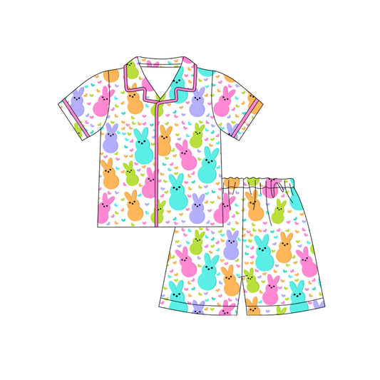 X12.18 Preorder (moq 5)Baby Girls Colorful Rabbits Hearts Button Top Shorts Easter Pajamas Sets