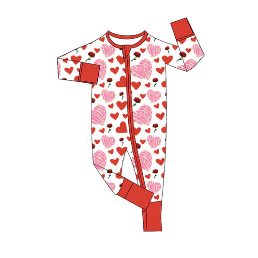 X924Preorder (moq 5)Baby Boys Red Flowers Hearts Valentine Zipper Footie Rompers