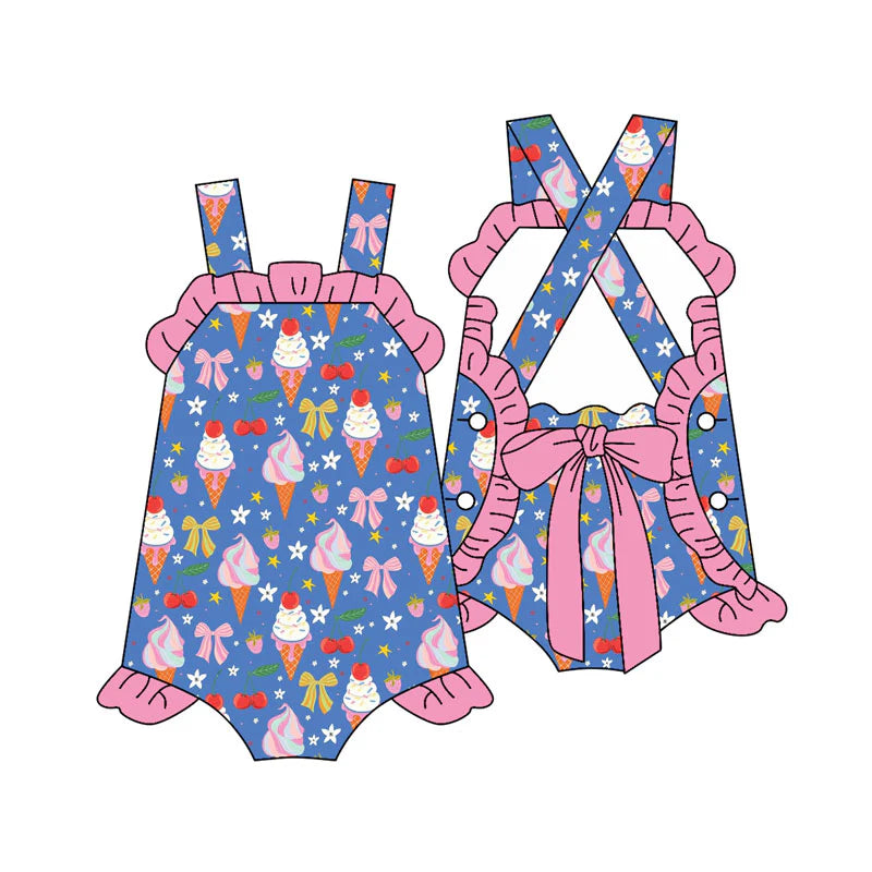 X11.14 Preorder (moq 5)Baby Girls Strap Ice Cream Flowers Back Bows Ruffle Rompers