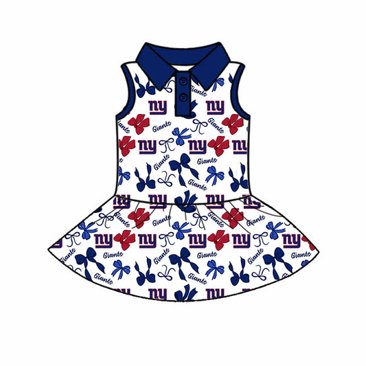 6.30Preorder (moq 5)Baby Girls Sleeveless Bows Plaid NY Giants Button Team Knee Length Dresses