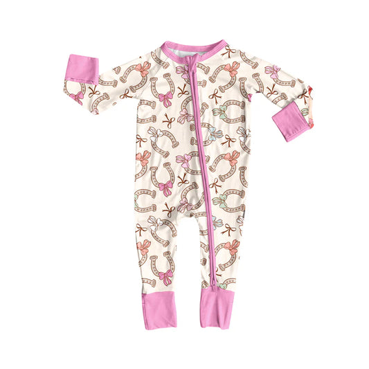 7.14Preorder (moq 5)Baby Girls Long Sleeves Pink Bows Horse Shoes Plaid Zipper Romper