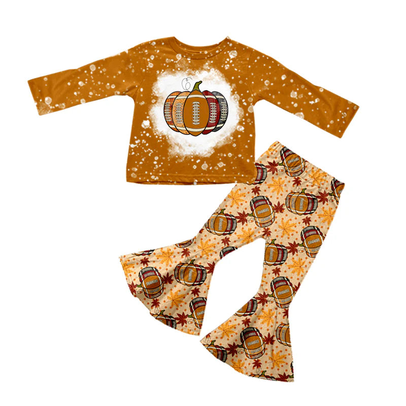 7.16Preorder (moq 5)Baby Girls Long Sleeves Football Pumpkins Top Bell Bottom Pant Set
