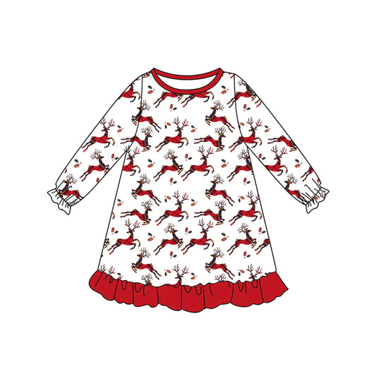 7.11Preorder (moq 5)Baby Girls Long Sleeves Red Deer Holly Plaid Ruffle Knee Length Dresses
