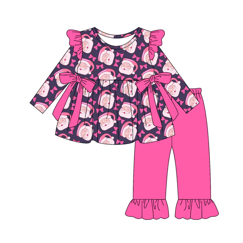 8.8Preorder(moq 5) Baby Girls Pink Santa Bows Plaid Tunic Ruffle Pants Christmas Set