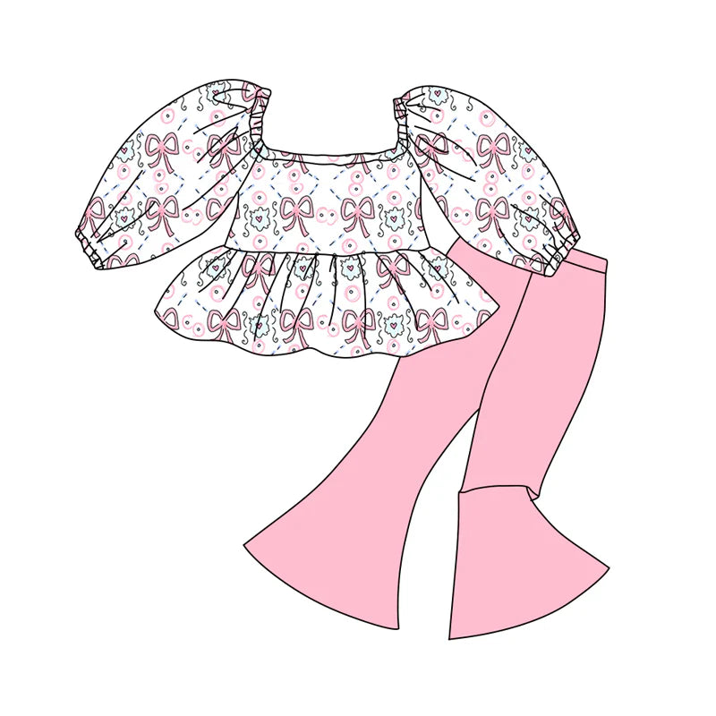 X12.16 Preorder (moq 5)Baby Girls Flowers Hearts Ruffle Tunic Bell Bottom Pants Valentines Clothes Sets