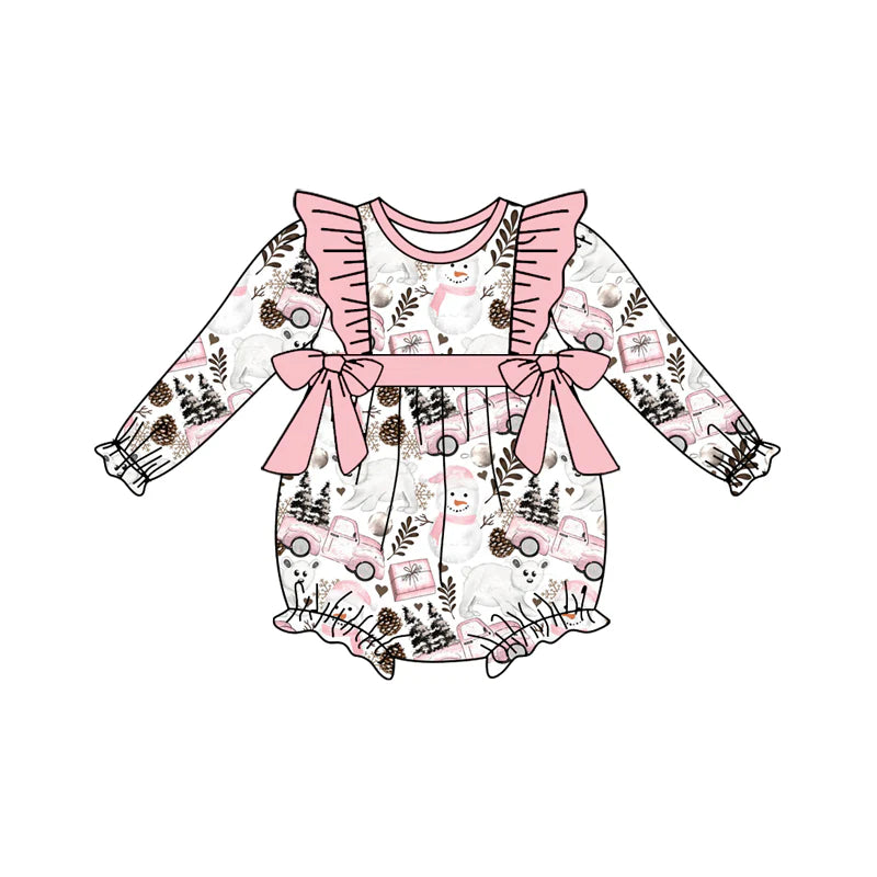 7.14Preorder (moq 5)Baby Girls Long Sleeves Snowman Trees Trucks Bows Ruffle Romper