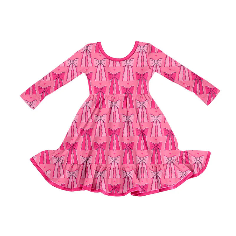 X909Preorder (moq 5)Baby Girls Hot Pink Bows Valentine Ruffle Knee Length Dresses