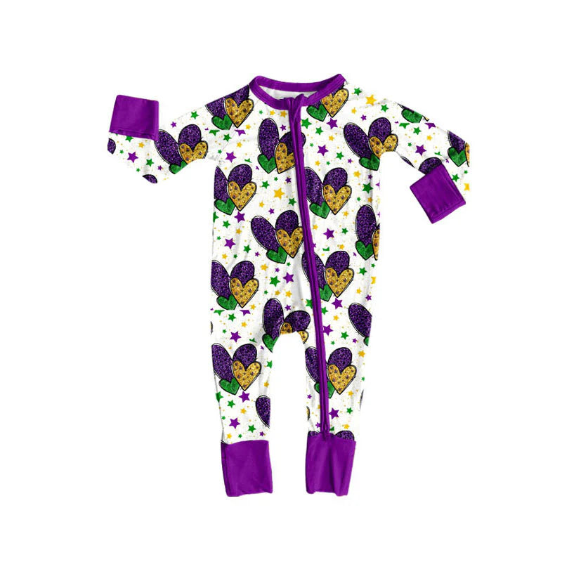 X926Preorder (moq 5)Baby Girls Purple Yellow Green Hearts Mardigras Zipper Footie Rompers