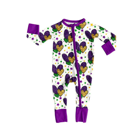 X926Preorder (moq 5)Baby Girls Purple Yellow Green Hearts Mardigras Zipper Footie Rompers