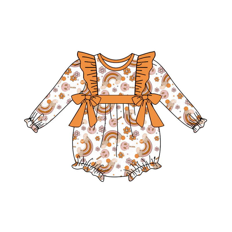 7.14Preorder (moq 5)Baby Girls Long Sleeves Flowers Rainbows Pumpkins Bows Ruffle Romper