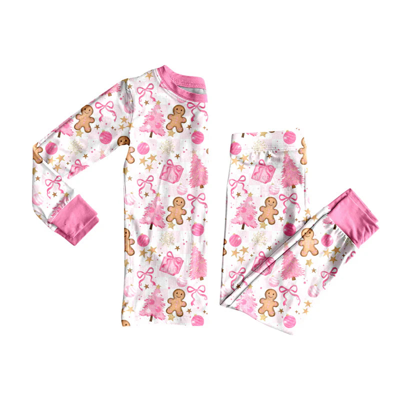 8.13Baby Girls Christmas Trees Pink Gifts Gingerbread Top Pants Lounge Wear Pajamas Sets
