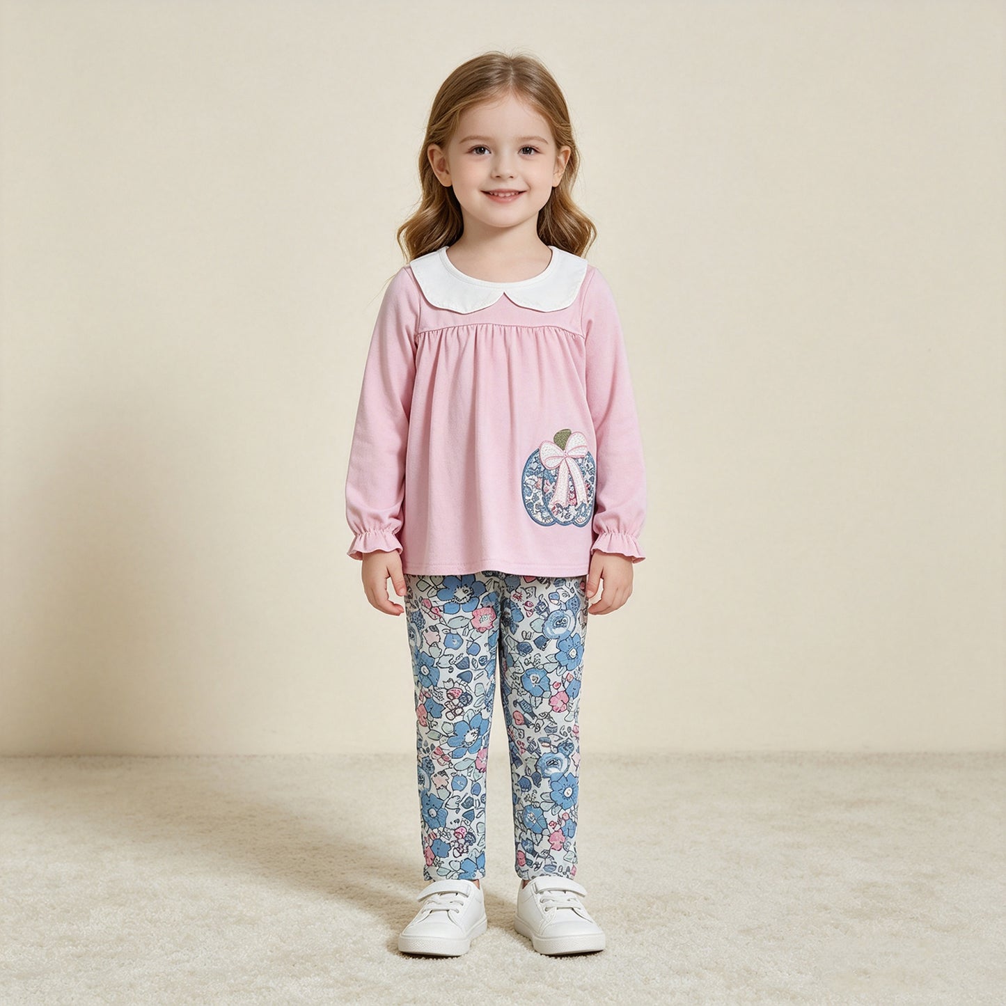 RTS NO MOQ milk silk GLP3319 Embroidery Flowers Pumpkins Baby Girls Collar Tunic Leggings Fall Clothes Sets