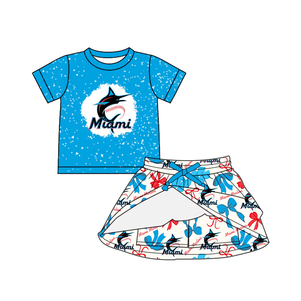 6.28Preorder (moq 5)Baby Girls Blue Short Sleeves Miami Top Bows Plaid Skort Team Set