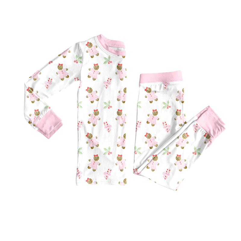 7.31preorder(moq 5) Baby Girls Long Sleeves Pink Gingerbread Holly Top Pants Pajamas Set