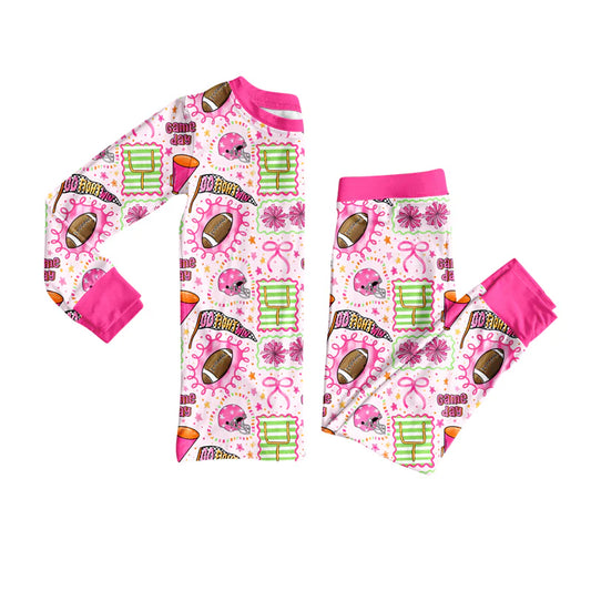 7.23Preorder (moq 5)Baby Girls Long Sleeves Cheer Footballs Plaid Top Pants Pajamas Set