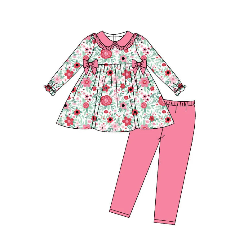 X923Preorder (moq 5)Baby Girls Pink Flowers Bows Tunic Leggings Pant Clothes Sets