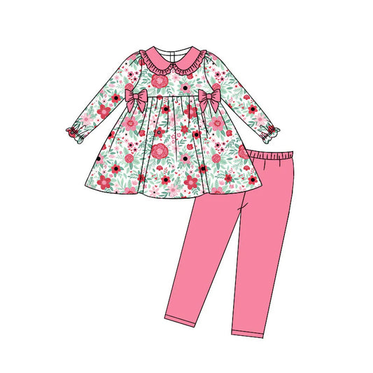 X923Preorder (moq 5)Baby Girls Pink Flowers Bows Tunic Leggings Pant Clothes Sets