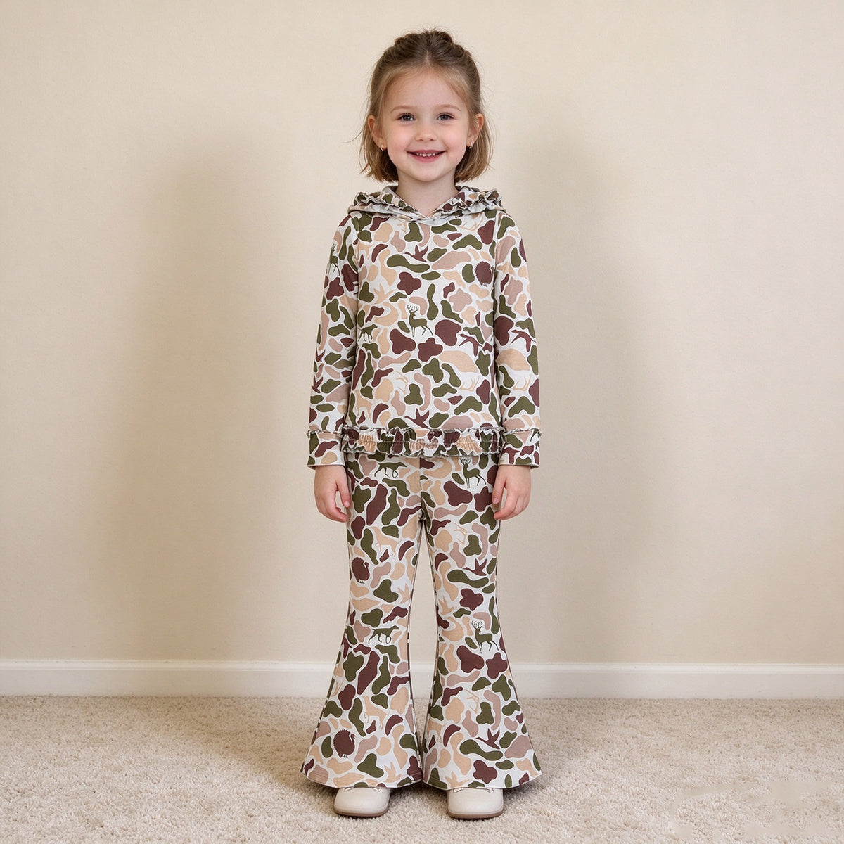 NEW RTS NO MOQ milk silk GLP3079 Baby Girls Ducks Deer Camo Ruffle Hoodies Bell Bottom Pants Hunting Clothes Sets