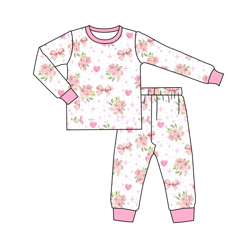 X11.12Preorder(moq 5) Baby Girls Pink Flowers Hearts Top Pants Valentines Pajamas Sets