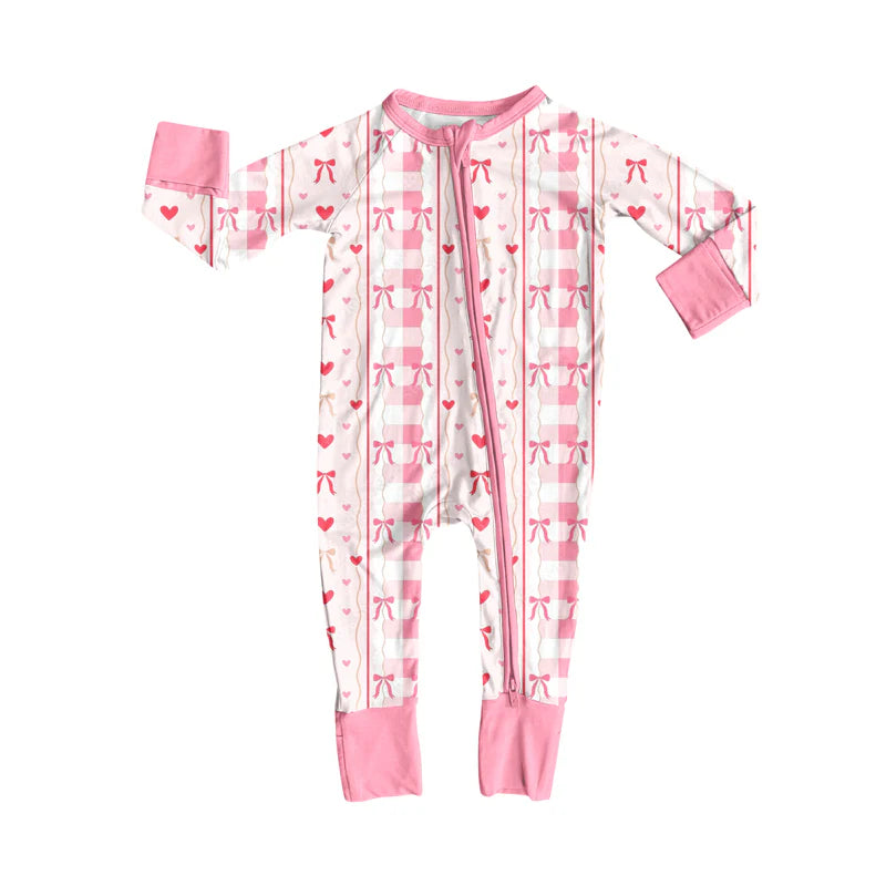 7.19Preorder(moq 5)Baby Kids Pink Bows Hearts Stripes Zipper Pant Rompers
