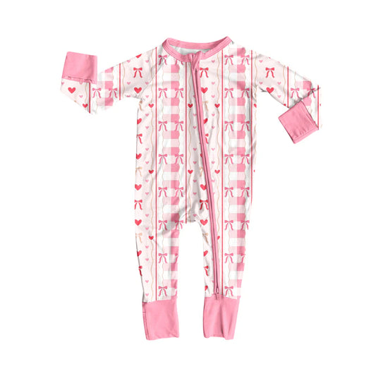 7.19Preorder(moq 5)Baby Kids Pink Bows Hearts Stripes Zipper Pant Rompers