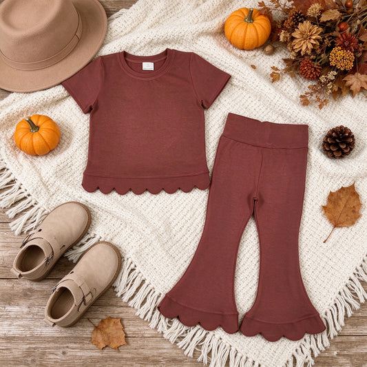 NEW RTS NO MOQ cotton GSPO2347（GT1777+P1085）Baby Girls Brown Short Sleeve Shirts Top Flare Pant Scallop Set