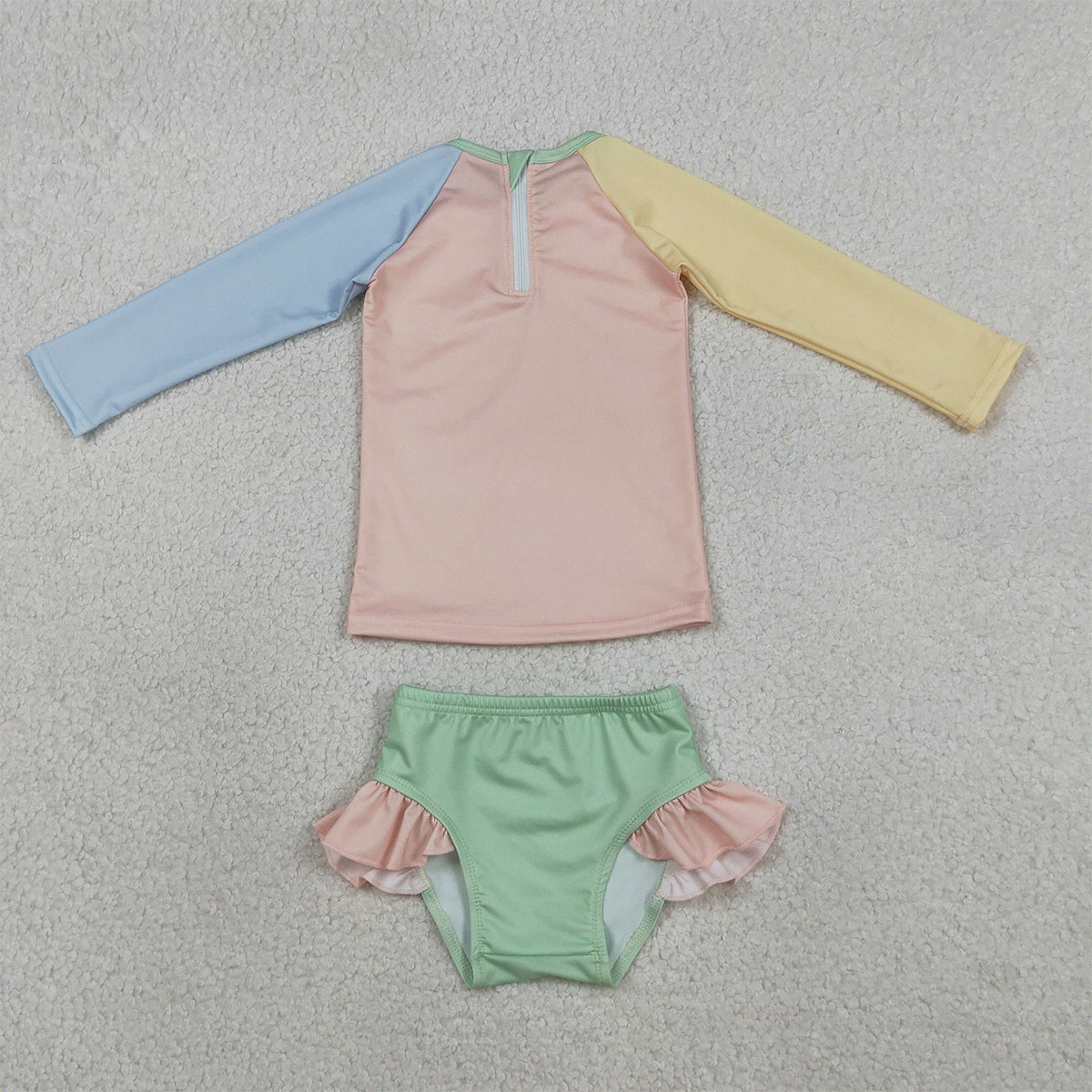 3.30 S0637 Baby Girls Yellow Aqua Blue Pink Patchwork Top Ruffle Bummies Swimsuits