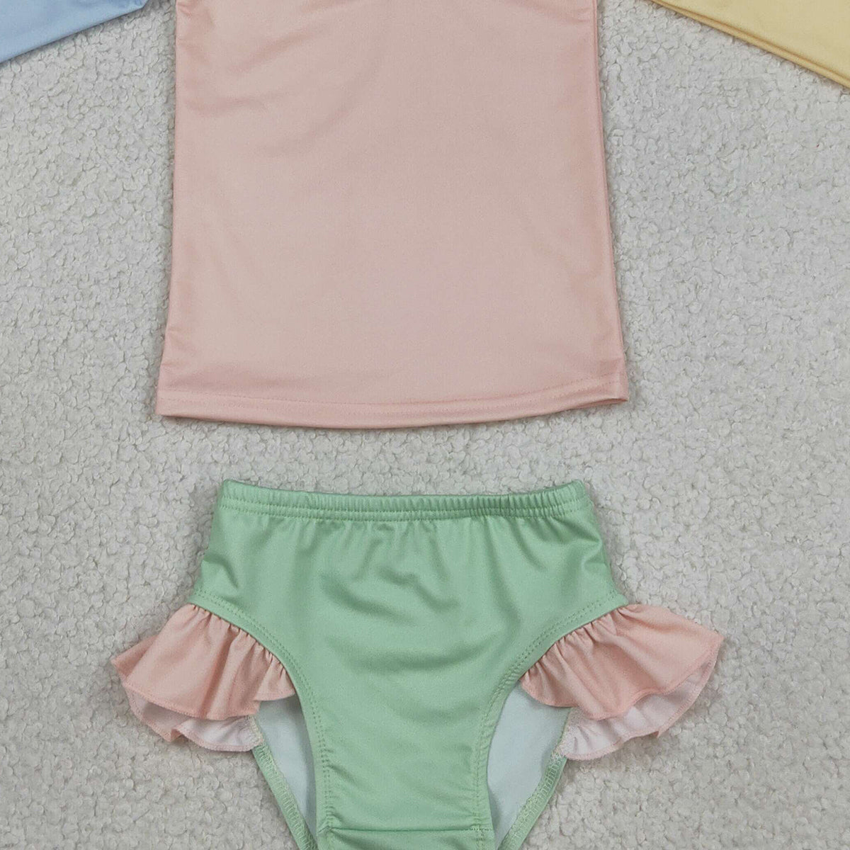 3.30 S0637 Baby Girls Yellow Aqua Blue Pink Patchwork Top Ruffle Bummies Swimsuits